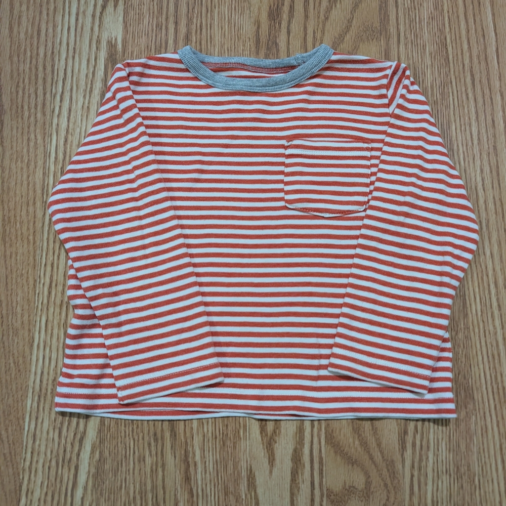 Mini Boden Orange and White Striped Long Sleeve Shirt 2/3 Year 100% Cotton